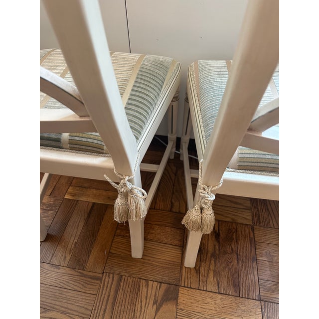 Two Bellman Chairs, White Lacquered With Gold Cilding, New Upholstered Seats and Chair Ties For Sale In New York - Image 6 of 15
