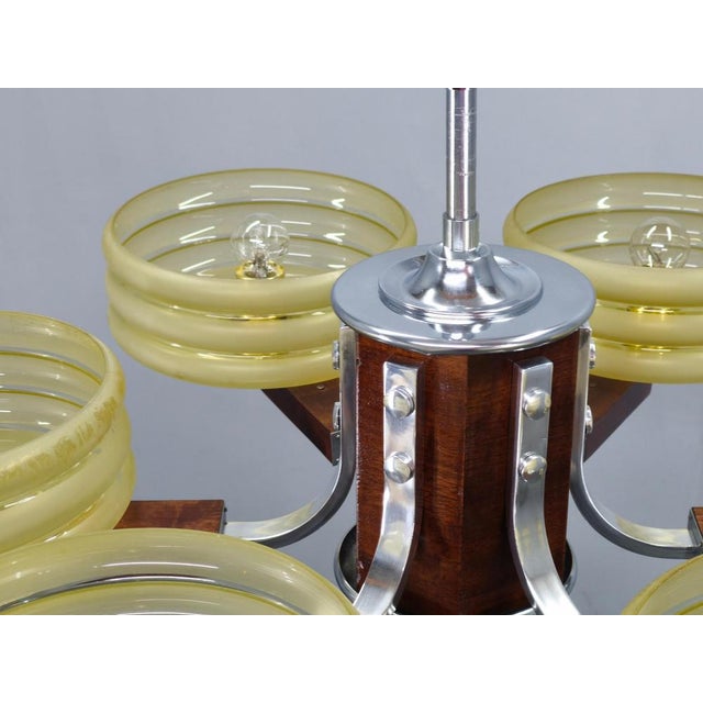 Art Deco Chrome and Walnut Chandelier, Czechoslovakia, 1930s For Sale - Image 9 of 16