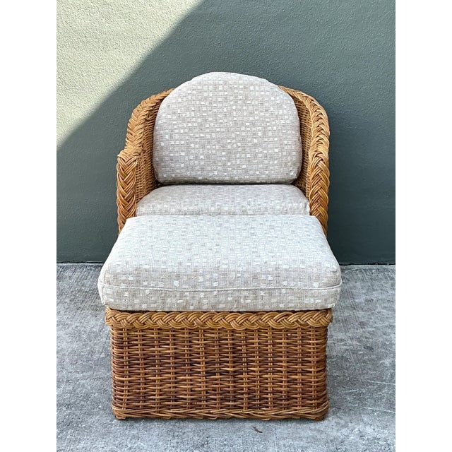 Late 20th Century Vintage Braided Rattan Lounge Chair and Ottoman For Sale - Image 5 of 12