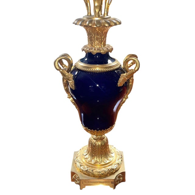 Bronze Pair of French Bronze & Deep Cobalt Porcelain Candelabras. 19th Century. For Sale - Image 8 of 8