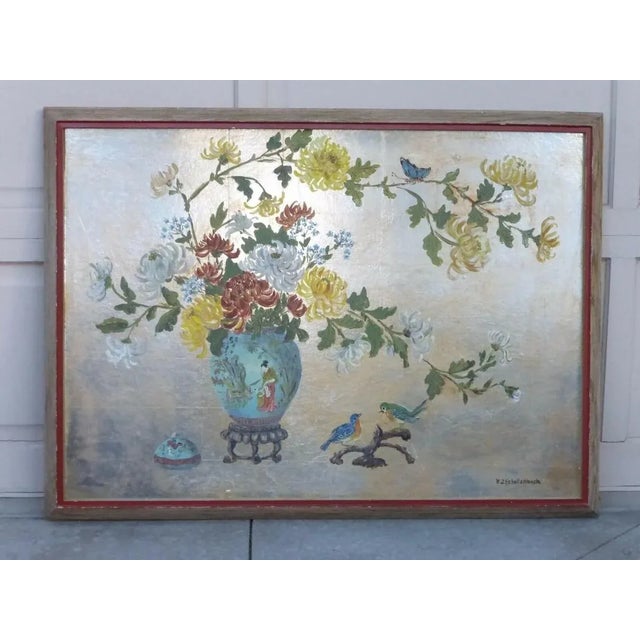 Vintage Oriental Asian Silver Gilt Floral Picture Painting by r.j. Schellanbach For Sale - Image 4 of 11