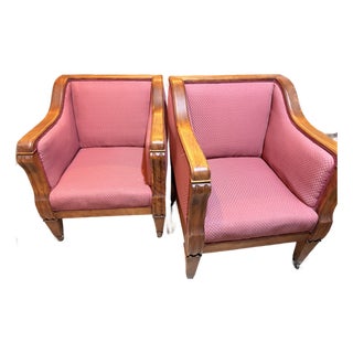 Pair of Vintage Biedermeier Style Upholstered Club Chairs With Pink Diamond Upholstery For Sale