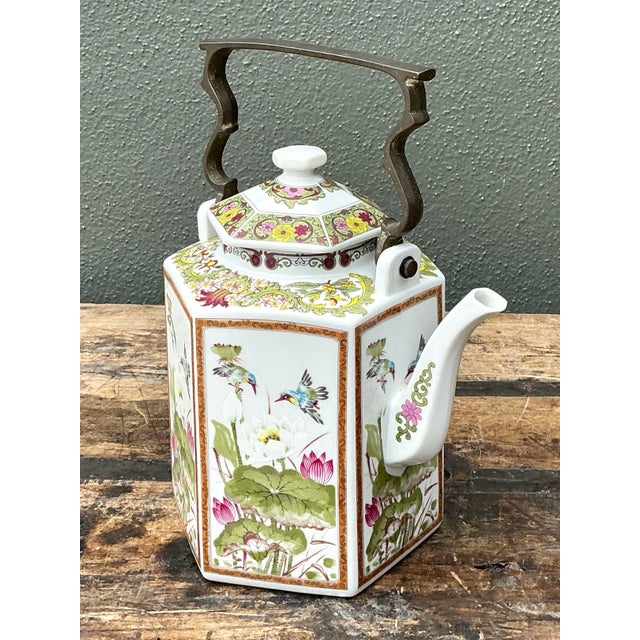 Vintage Chinoiserie Glazed Ceramic Botanical Tea Pot For Sale - Image 10 of 12