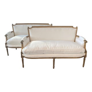 French Louis XVI Style Carved Wood & Newly Upholstered Sofas -A Pair For Sale