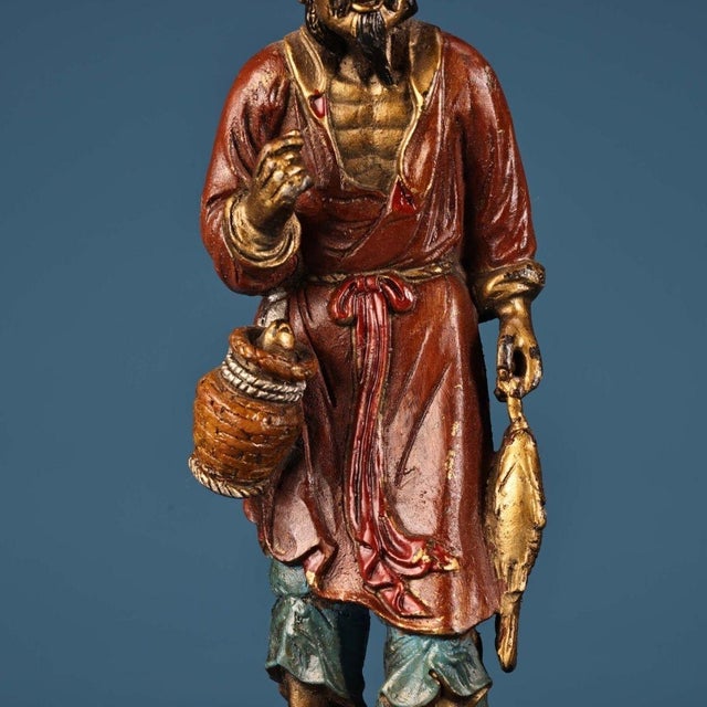 Late 19th Century Late 19th Century Gilt Bronze Fisherman Statue, Hand-Painted Figurine, 550g For Sale - Image 5 of 9