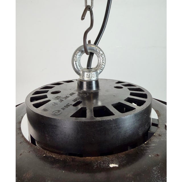 1960s Industrial Grey Enamel, Glass, and Iron Cage Pendant Lamp from Elektrosvit, 1960s For Sale - Image 5 of 16