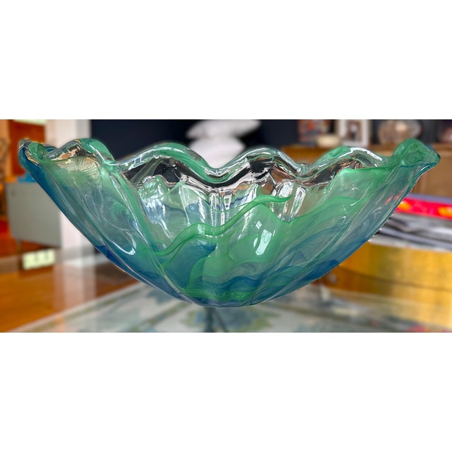 Mid-Century Modern Large Murano Green and Blue Scalloped Draped Glass Centerpiece Bowl For Sale - Image 3 of 10