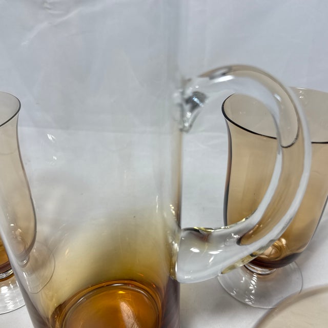 Hollywood Regency Amber Hand Blown Pitcher and Glass Set For Sale - Image 3 of 12