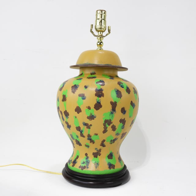 Early 21st Century Pair of Hand-Painted Spotted Yellow Ceramic Table Lamps For Sale - Image 5 of 12