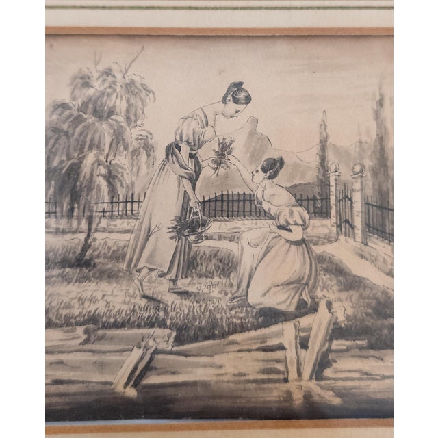 19th Century European English Pen and Ink Genre Scene With Women in a Garden For Sale In New York - Image 6 of 15