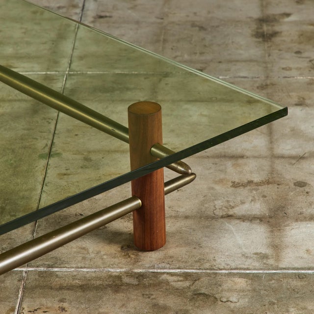 Mid-Century Modern T.H. Robsjohn Gibbings Glass Top Brass and Walnut Coffee Table for Widdicomb For Sale - Image 3 of 12