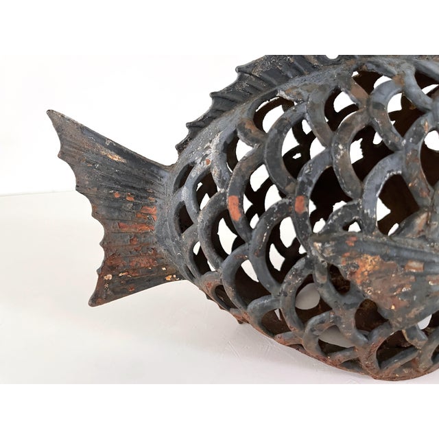 Black Mid Century Japanese Cast Iron Fish Lantern For Sale - Image 8 of 12