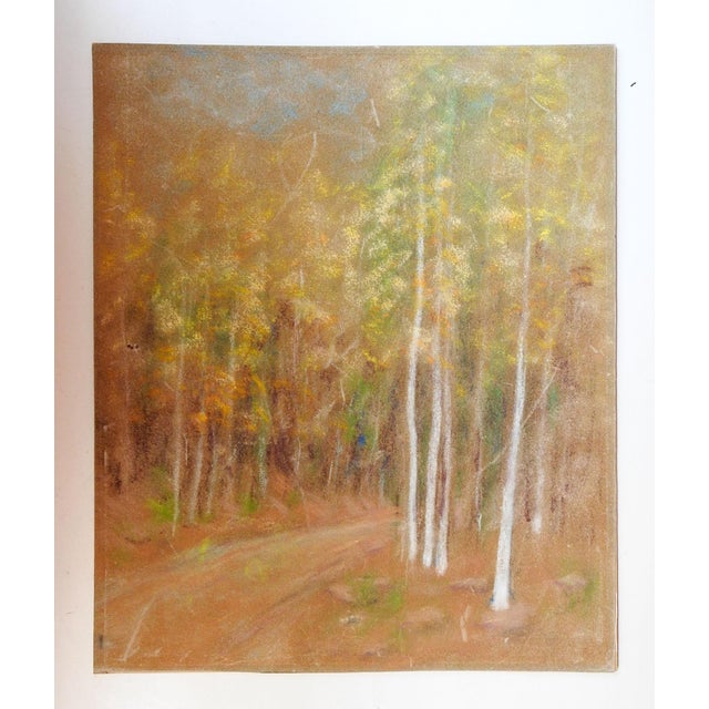 Mid 20th century pastel painting on artist board of mountain road and aspen trees landscape. Unsigned. Unframed, scattered...