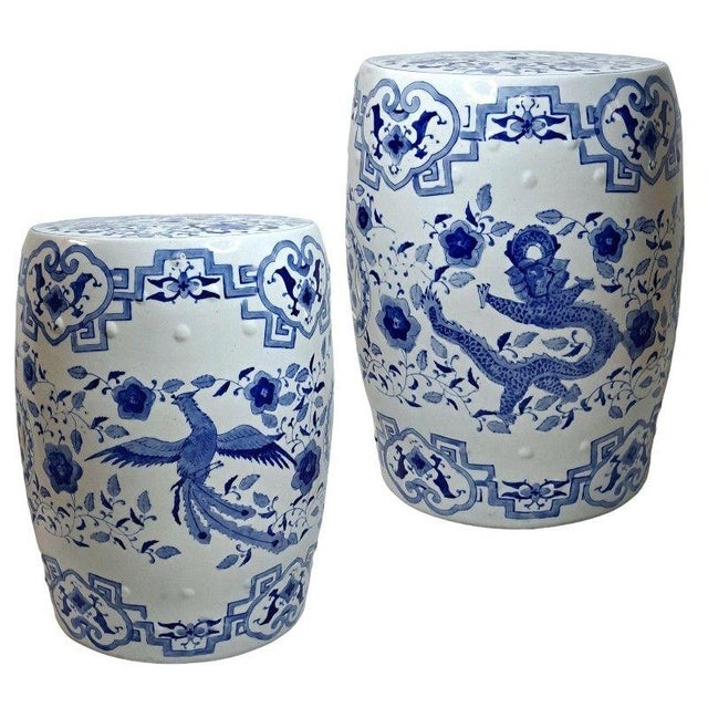 Vintage Chinoiserie Porcelain Drum Garden Stool/Side Table W/Dragon & Phoenix in Blue White This hand-painted blue and...