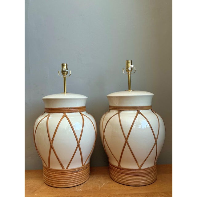 Mid-Century Modern Vintage Ceramic and Rattan Table Lamps - Pair For Sale - Image 3 of 14