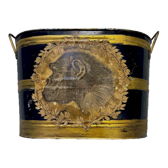 Vintage Singerie (Monkey) Tole Cachepot For Sale