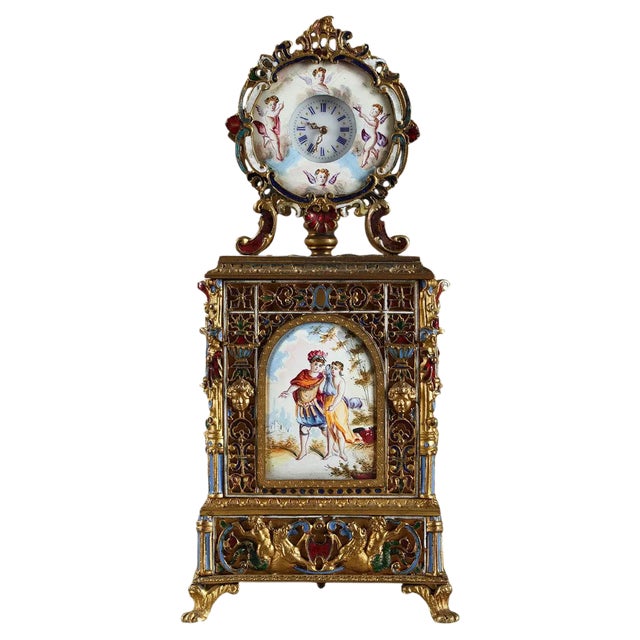 Viennese Enamel and Gilt Brass Table Clock, Mid-19th-Century For Sale