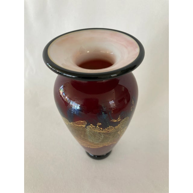Gold and Silver Leaf Infused Red Cased Glass Lipfoot Vase For Sale - Image 4 of 7
