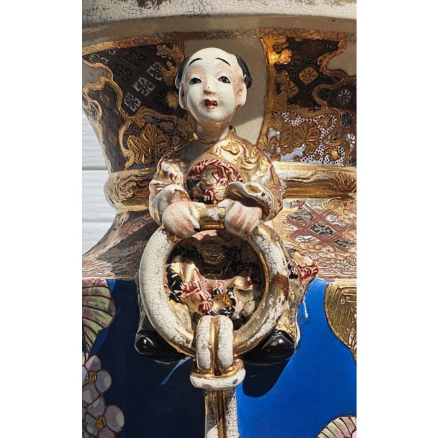 Antique Pair of Japanese Satsuma Ware Large Floor Vases W Stands For Sale - Image 10 of 11