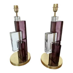 Contemporary Pair of Lamps Amethyst Cubic Murano Glass and Brass, Italy