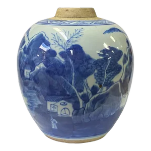 Oriental Handpaint House Tree Small Blue White Porcelain Ginger Jar