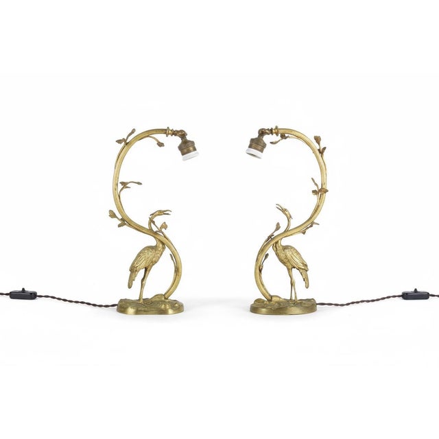 Art Deco Gilt Bronze Sculpted Crane Table Lamps with Branch and Leaf Stems, Europe, 1930s, Set of 2 For Sale - Image 17 of 17