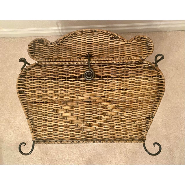 Brown Vintage Woven Rattan Bombay Storage Chest With Lid Wrought Iron Scroll Feet, Handles, and Latch. For Sale - Image 8 of 17
