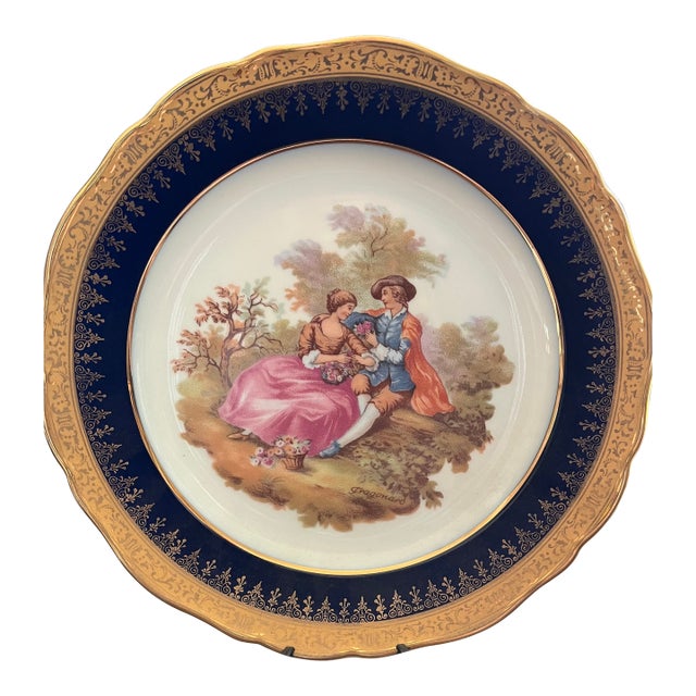 Mid 20th Century Limoges Decorative Plate Cobalt and Gilt Trim With Fragonard Scene For Sale