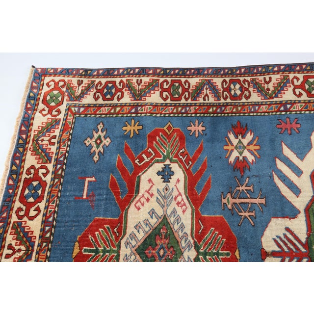 Late 20th Century Late 20th Century Modern Geometric Wool Rug With Vibrant Blue Field & Bold Tribal Motifs -4' 5'' X 6' 4'' For Sale - Image 5 of 11