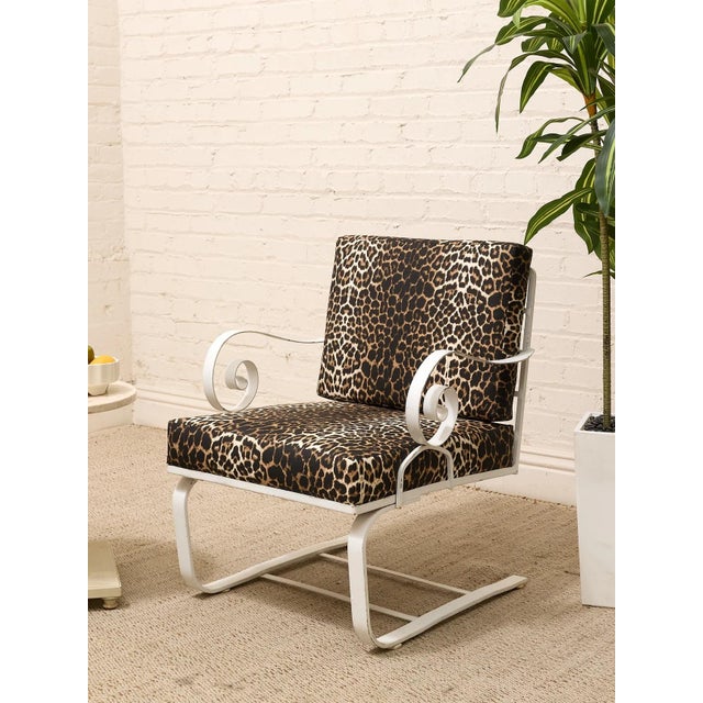 Metal Vintage Leopard Print Lounge Chairs With White Scroll Arms For Sale - Image 7 of 8