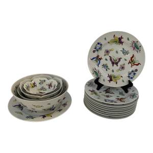1960s Set of Japanese Porcelain Ware Plate y.y. Handpainted Floral WTH Butterflies Decorated - 14pcs