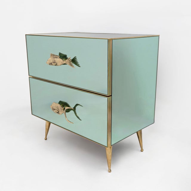 Mid-Century Modern Mid-Century Modern Aqua Green Mirrored Glass Nightstands with Brass Fish Handle, 2000, Set of 2 For Sale - Image 3 of 10
