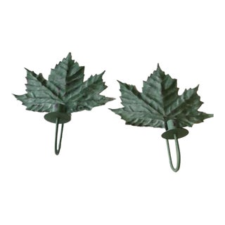 Vintage Italian Grape Leaf Tole Metal Candle Wall Sconces For Sale