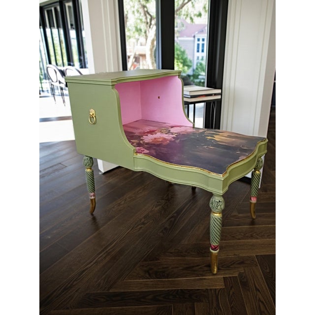 Whimsical Cottage Revival Artichoke Green & Peony Tiered Side Table For Sale - Image 11 of 12