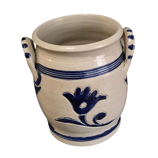 Ceramic Williamsburg Pottery Salt Glazed Blue Floral Two Handle Jar Marked For Sale - Image 7 of 7