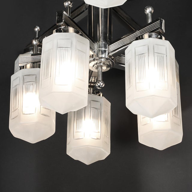 Art Deco Style 10 Arm Frosted & Etched Glass Chandelier W/ Polished Nickel Frame For Sale - Image 12 of 18