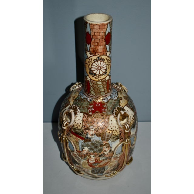 1910s Antique Japanese Satsuma Bottle Vase With Molded Ribbons For Sale - Image 5 of 11