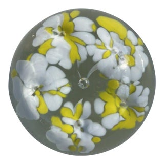 1970s Yellow and White Floral Paperweight For Sale
