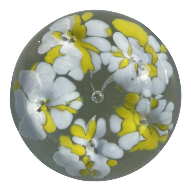 1970s Yellow and White Floral Paperweight For Sale