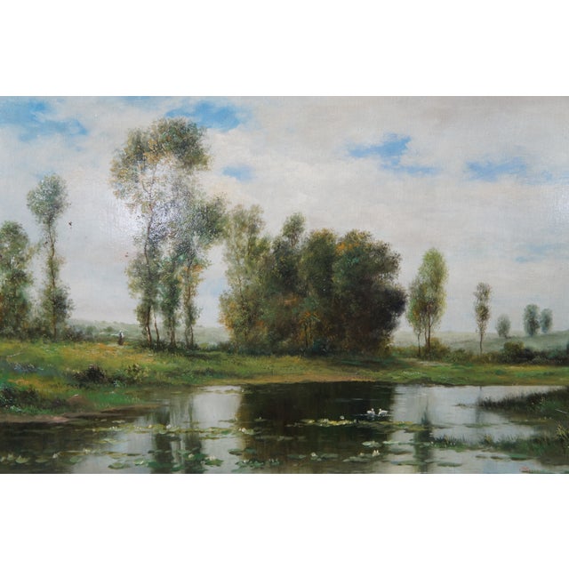 Mid 20th Century Vintage Impressionist Style Water Lily Pad Landscape Painting Oil on Canvas, Framed For Sale - Image 4 of 12