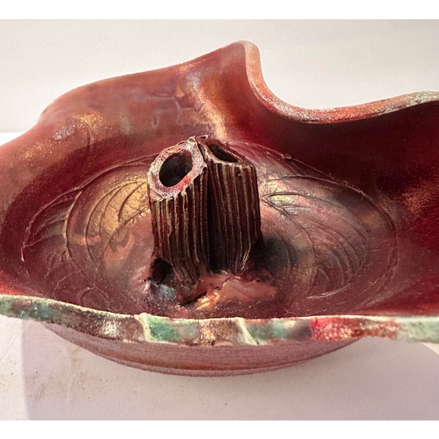 Signed Raku Ceramic Flower Arrangement Bowl With Frog-Style Center For Sale - Image 4 of 11