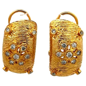 Vintage Brushed Yellow 14K Gold Hoop Earrings with Diamonds