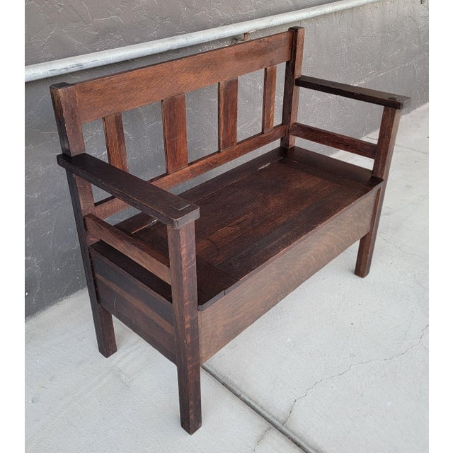Scarce Mission Oak / Arts & Crafts hall bench made by Lifetime Furniture. Circa. 1910. Retains "Lifetime" paper label....