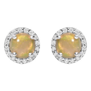 10K White Gold Opal and 1/6 Cttw Diamond Halo Stud Earring For Sale