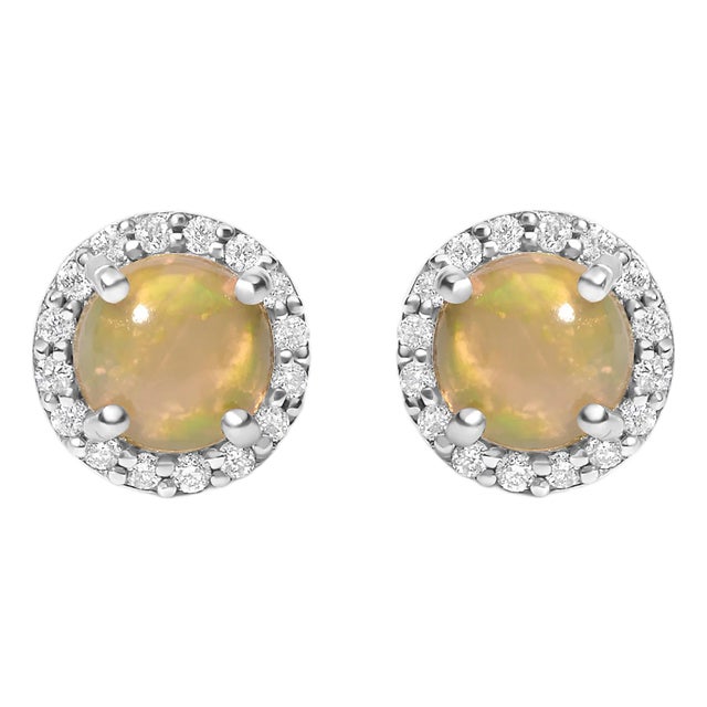 10K White Gold Opal and 1/6 Cttw Diamond Halo Stud Earring For Sale