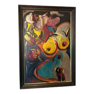 1970s Vintage Abstract Portraiture; Original Painting by Peter Robert Keil, Framed