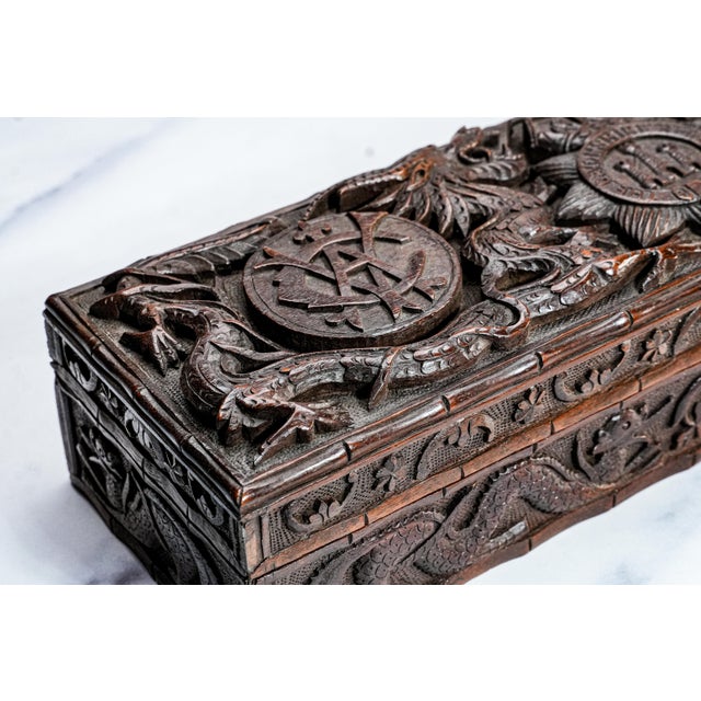 Victorian Hand-Carved Antique Wood Box Asian Chinese Dragon Motif Devonshire Militaria Regiment Crest For Sale - Image 9 of 18