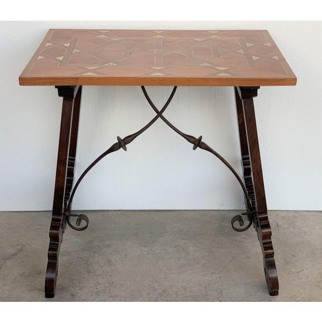 Baroque 19th Century Baroque Spanish Side Table With Marquetry Top and Lyre Carved Legs For Sale - Image 3 of 13