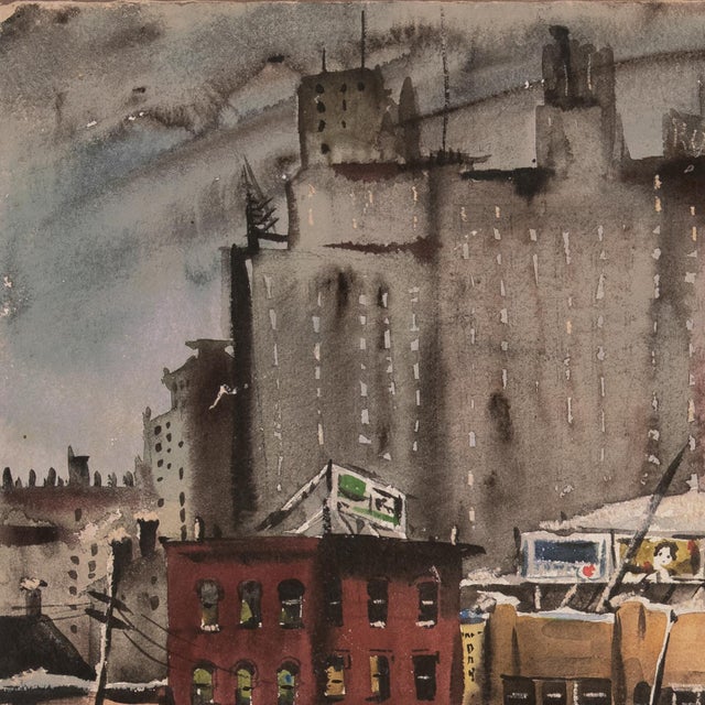Paper 'Winter in the City' by James Carlin, Mid-Century Urban Landscape Featuring 1930s Scaffold Sky Sign, American Modern Realism For Sale - Image 7 of 9