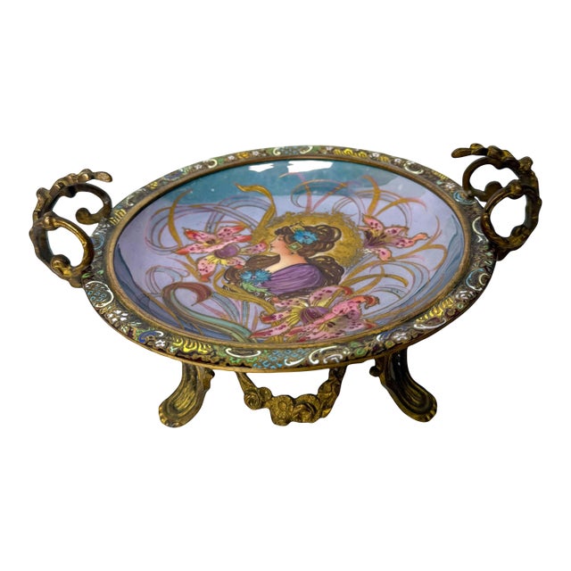 Art Nouveau Sevres Porcelain & Champlevé Enamel Centerpiece For Sale